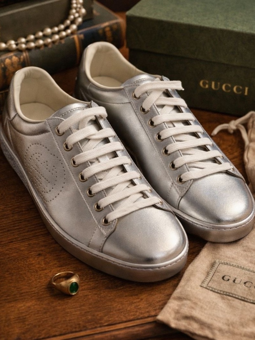 Gucci Metallic Silver Leather Sneakers BRAND NEW size 36+